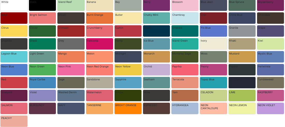 Color swatch chart with various colors